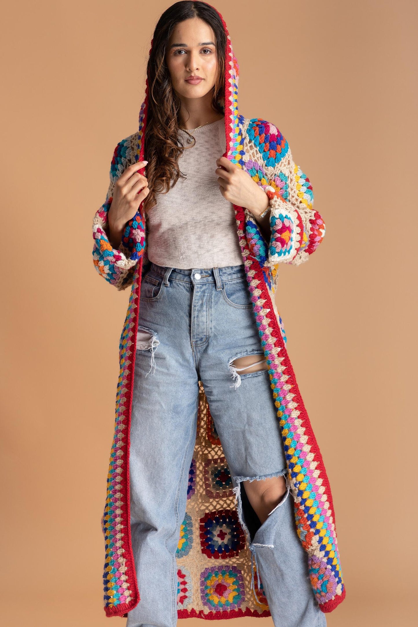 Handmade Crochet Multicolor Hooded Cardigan