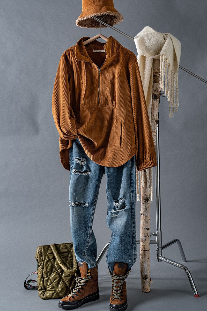 Soft Corduroy Cuff Half Zip Top