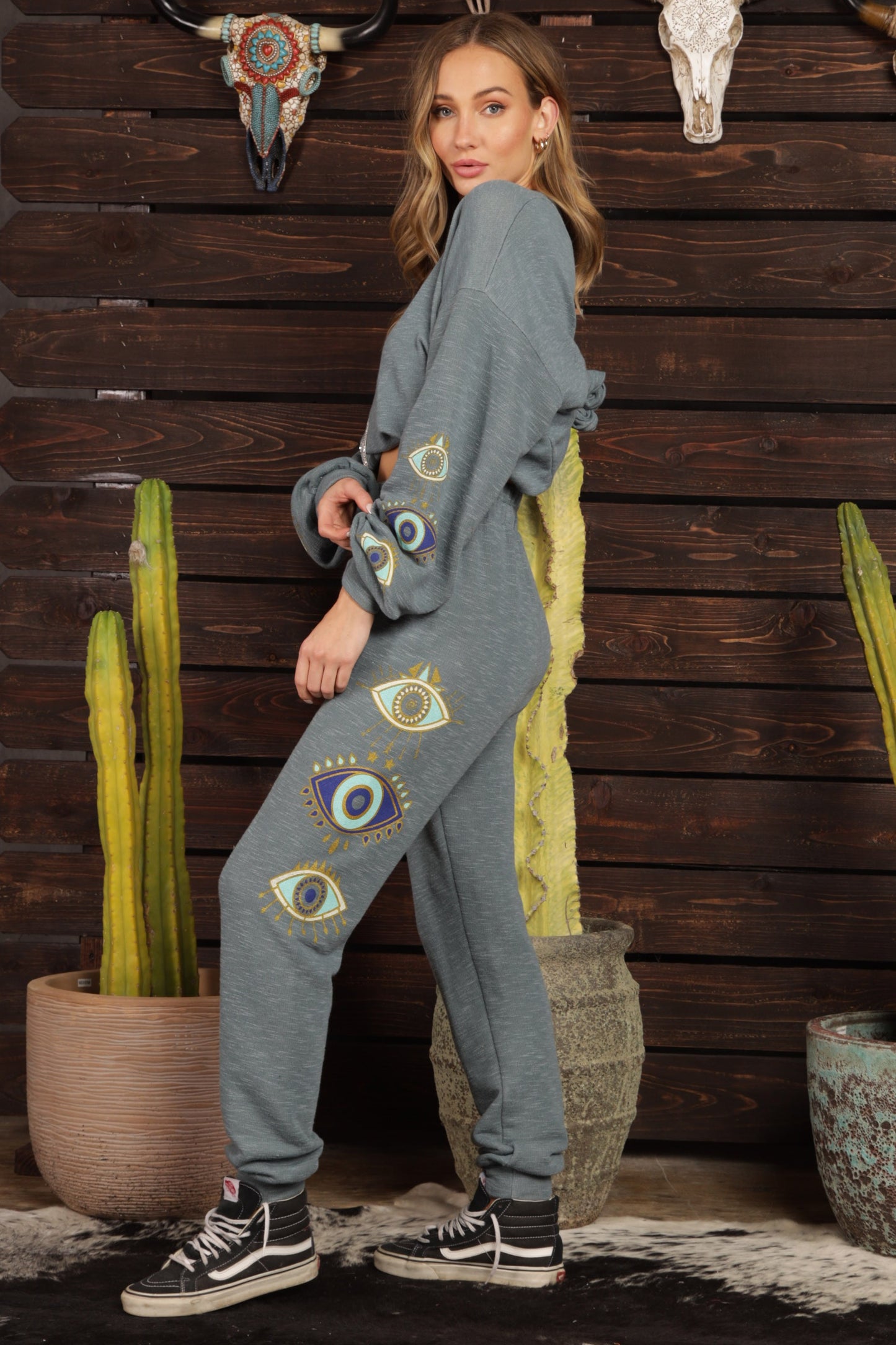 Blue Evil Eyes Printed Heather Sweatpants