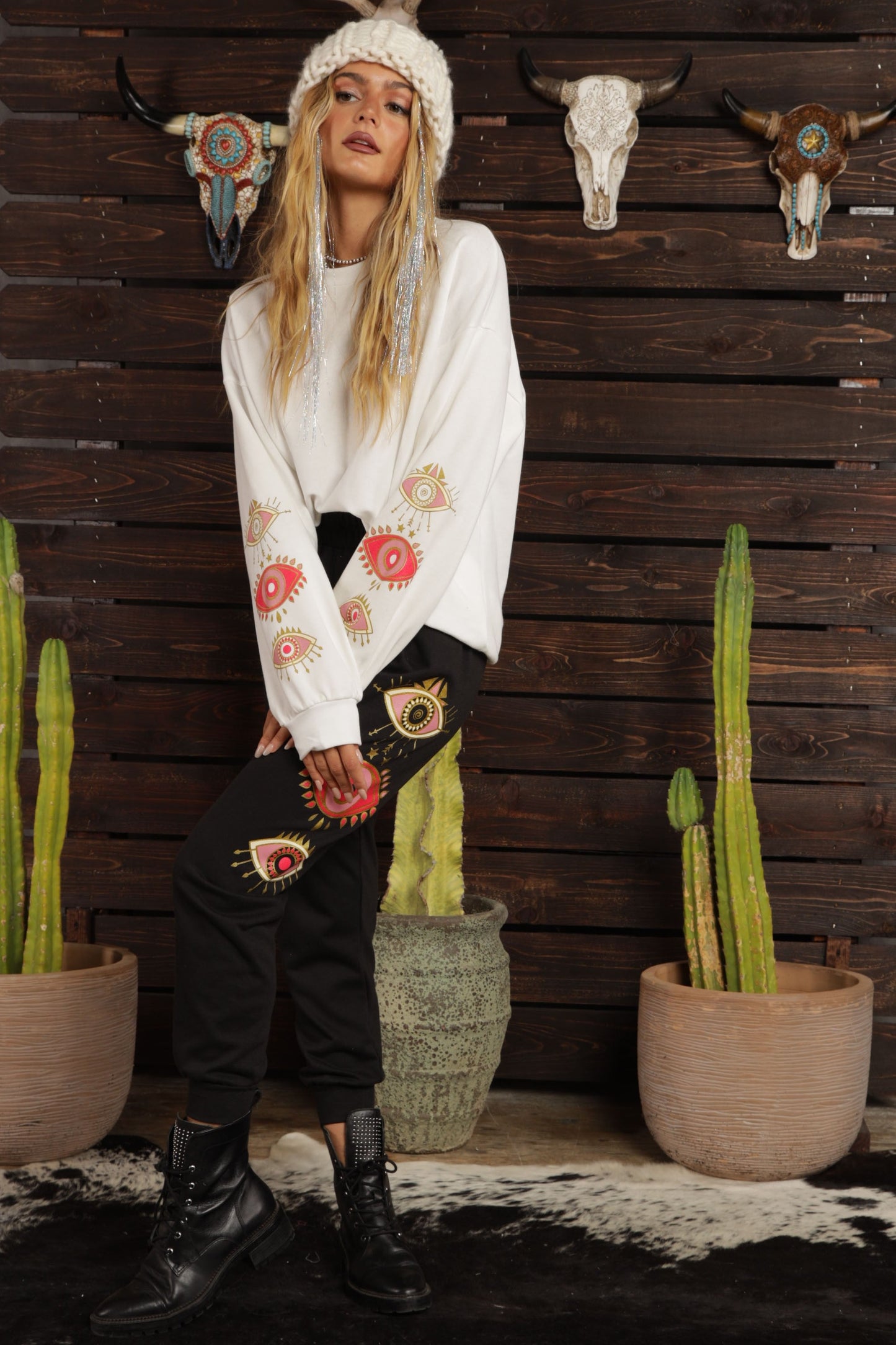 Pink Evil Eyes Printed French Terry Sweatshirts