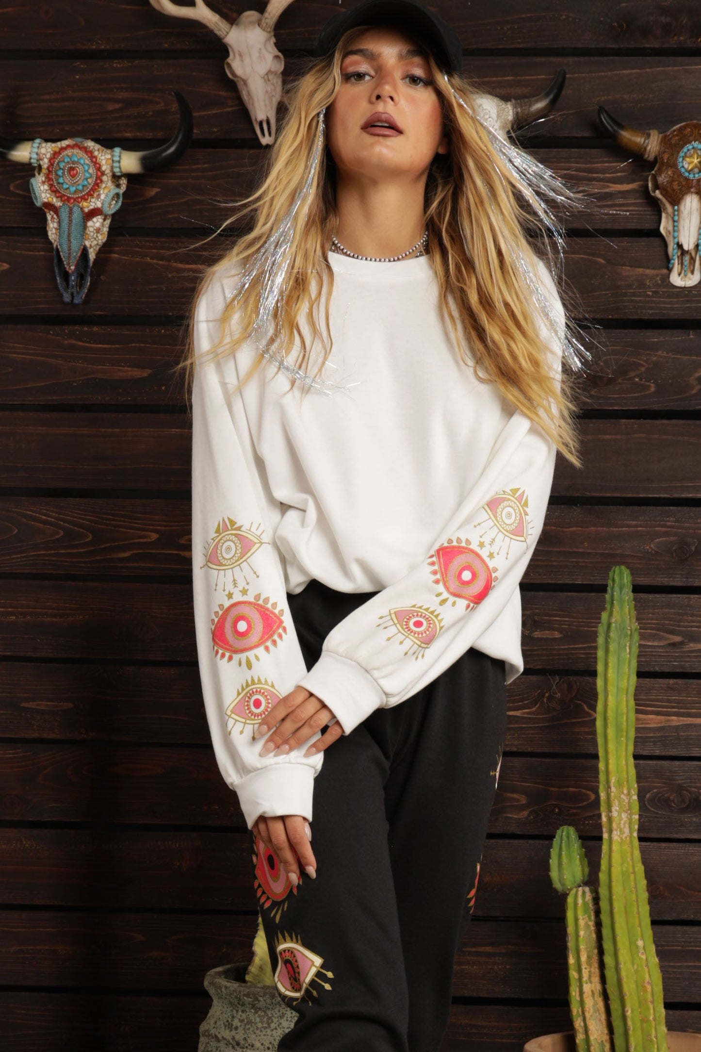 Pink Evil Eyes Printed French Terry Sweatshirts