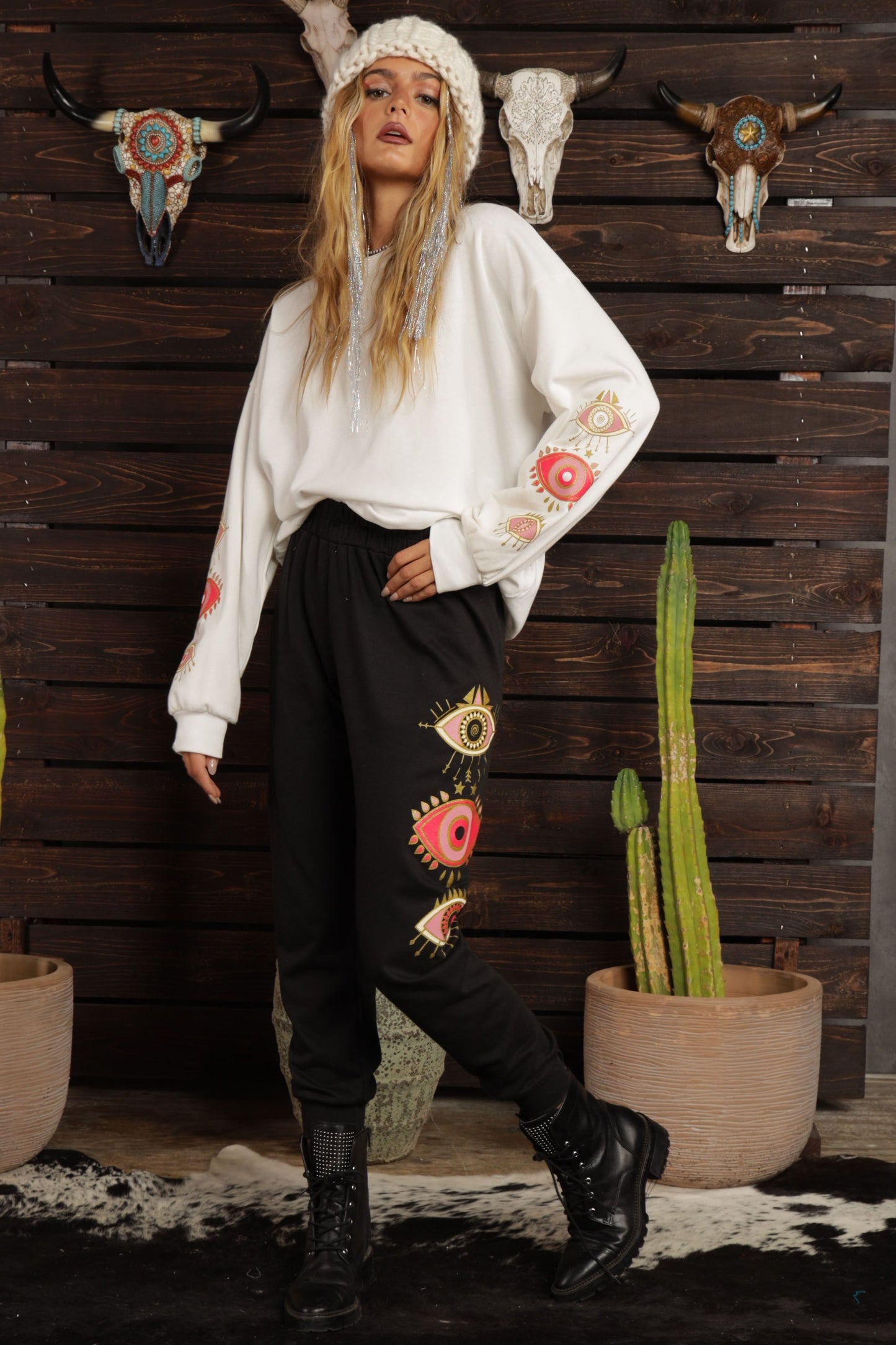 Pink Evil Eyes Printed French Terry Sweatshirts