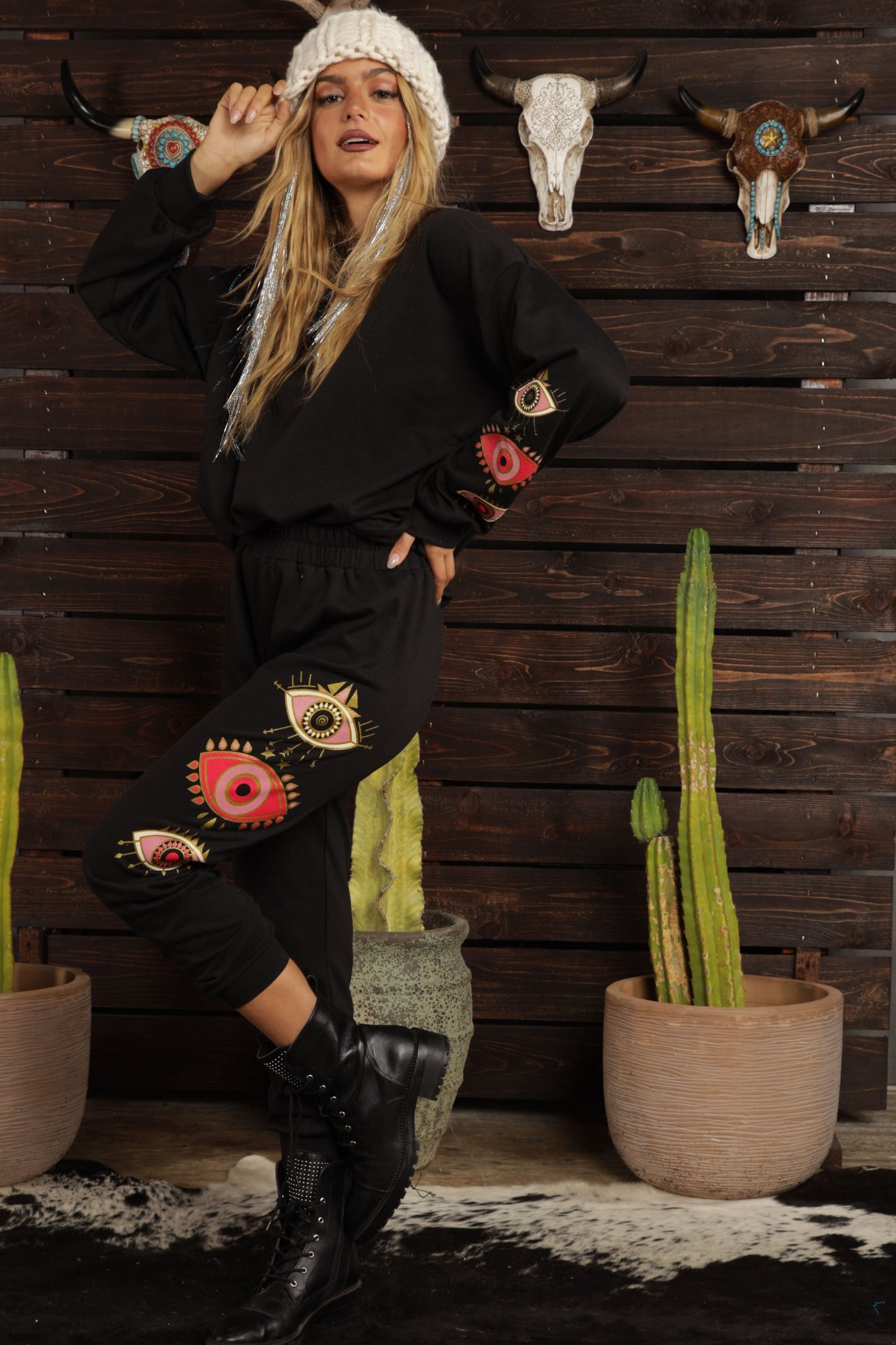 Pink Evil Eyes Printed French Terry Sweatshirts