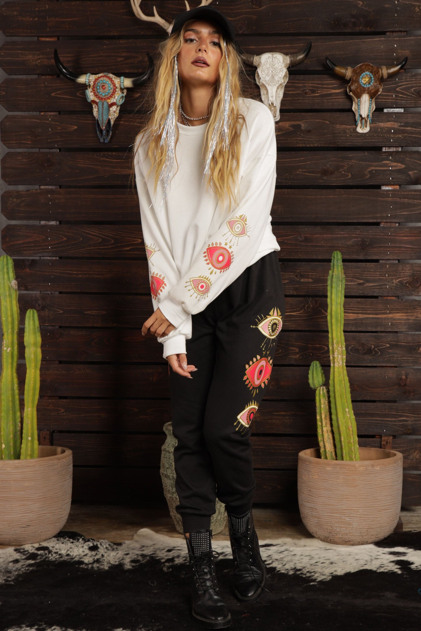 Pink Evil Eyes Printed French Terry Sweatshirts