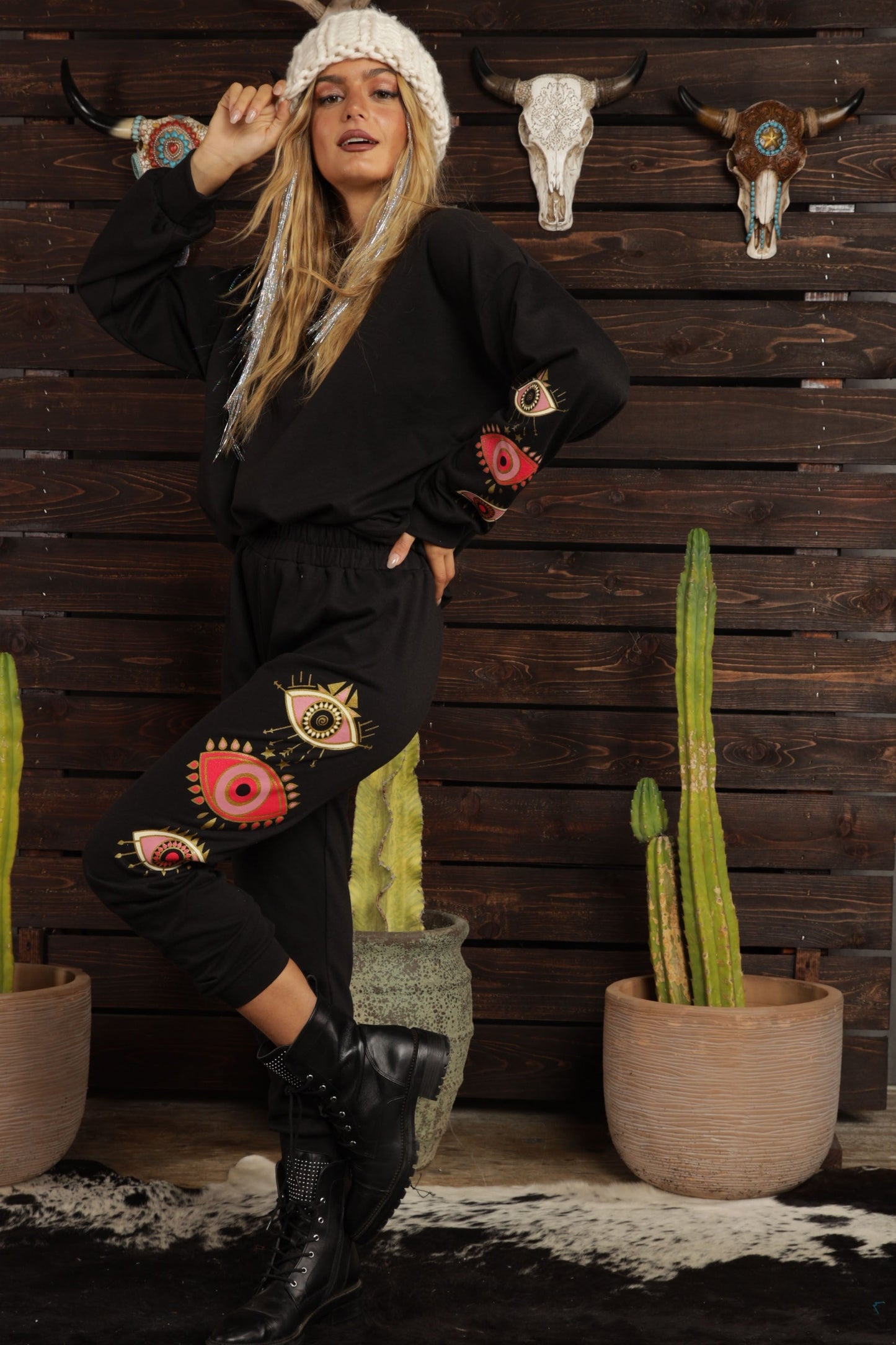 Pink Evil Eyes Printed French Terry Sweatshirts