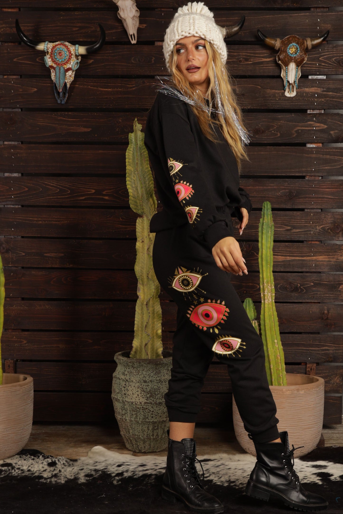Pink Evil Eyes Printed French Terry Sweatshirts