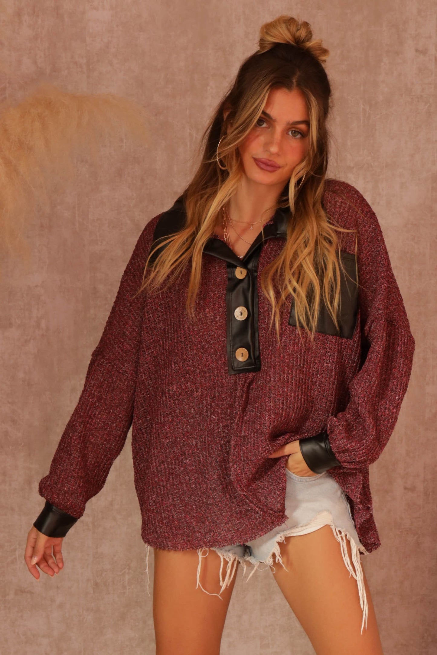 Prague Faux Leather Trim Knit Top