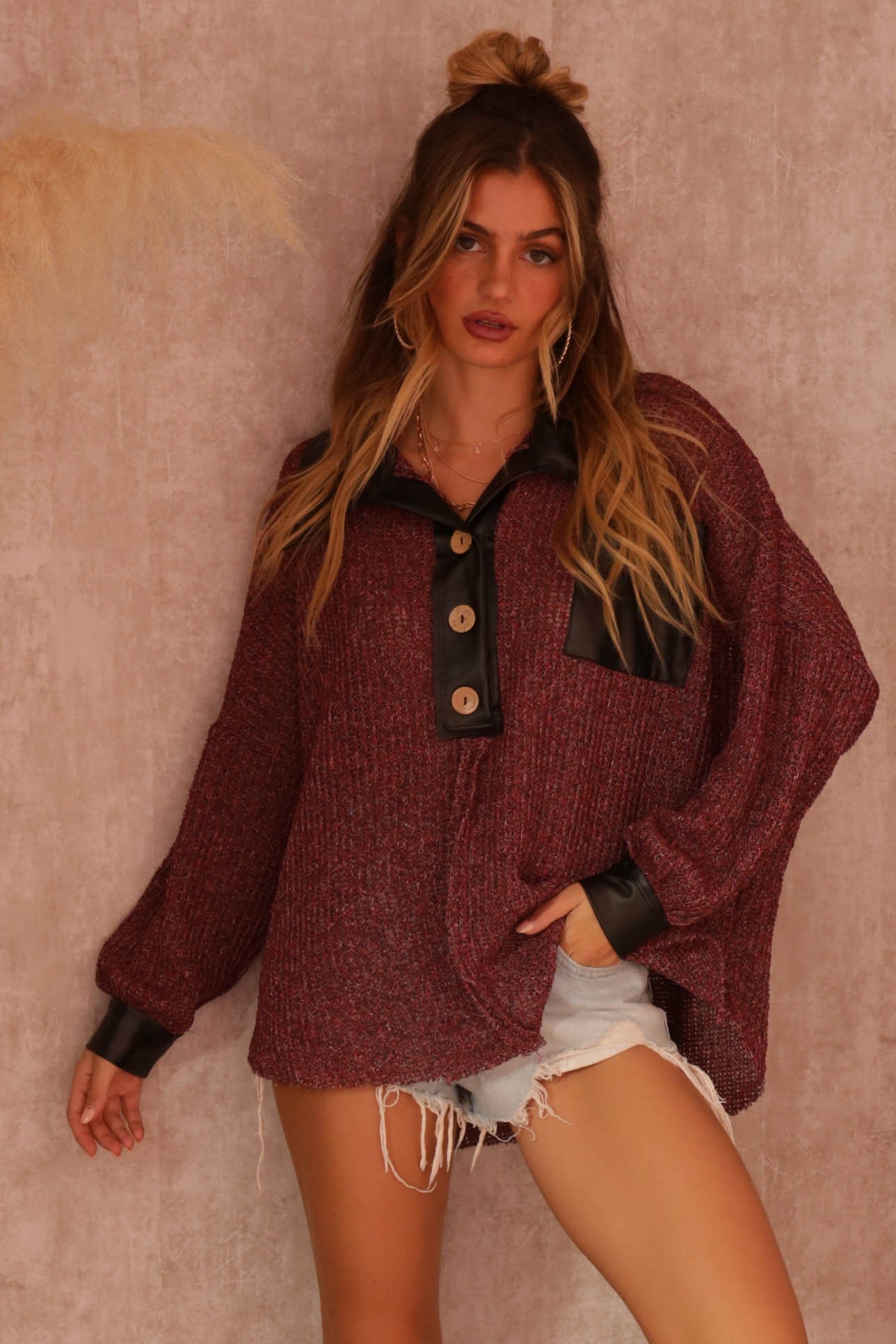 Prague Faux Leather Trim Knit Top