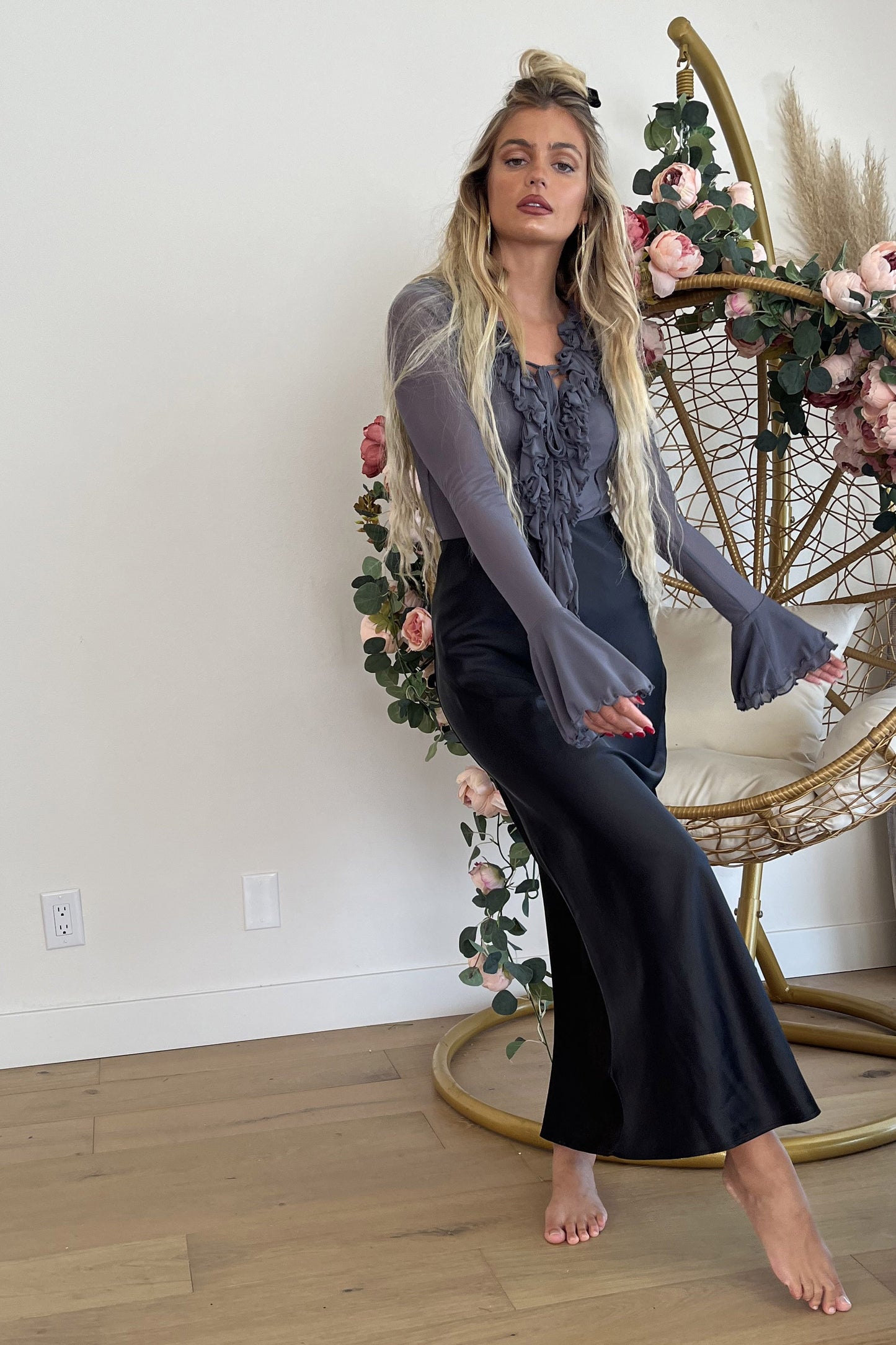 Coco Ruffle Mesh Lace Up Blouse