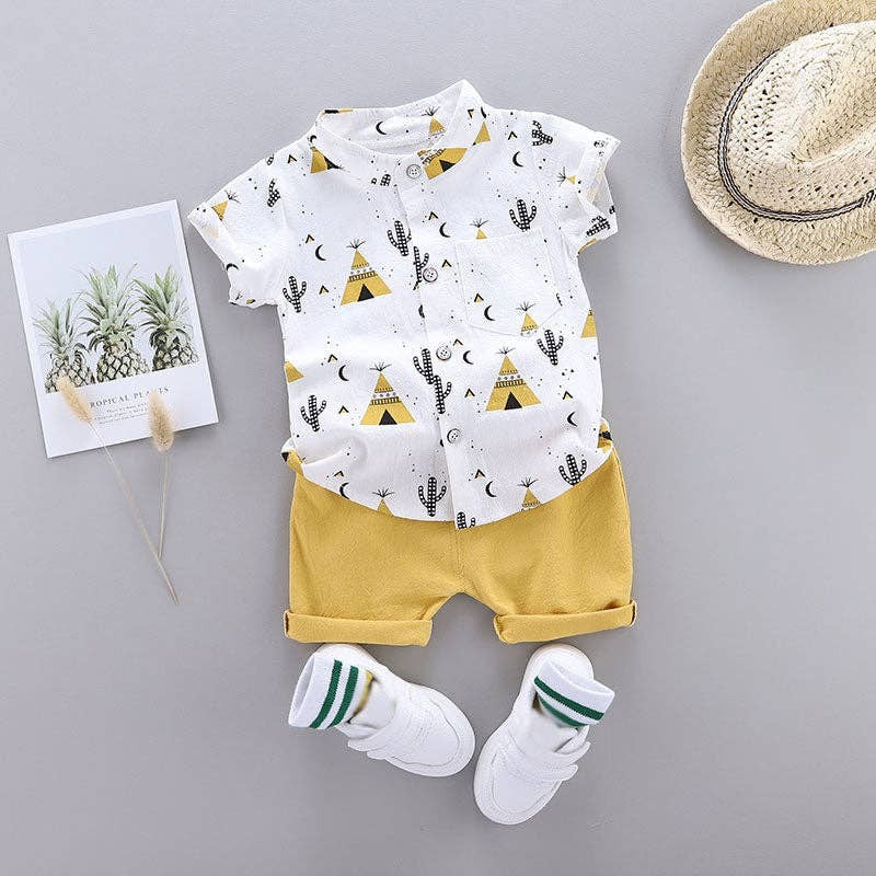 Cactus Print Short Sleeves Shirts and Pants Set