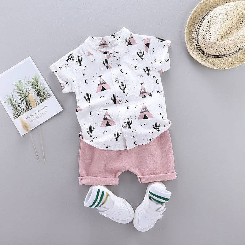 Cactus Print Short Sleeves Shirts and Pants Set