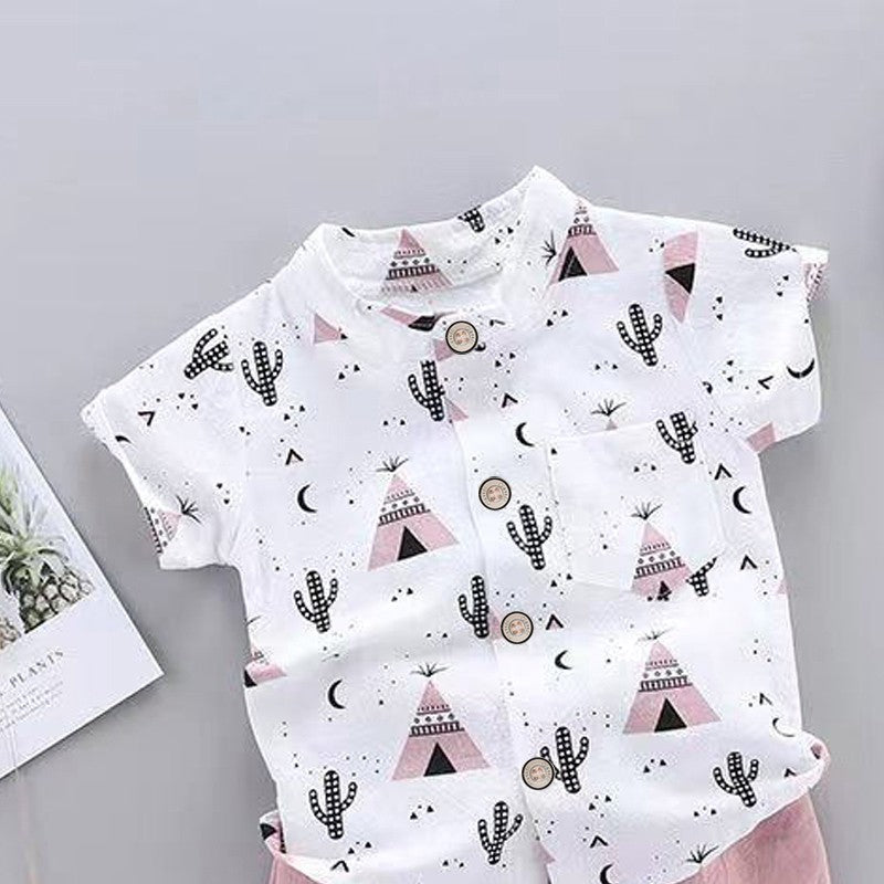 Cactus Print Short Sleeves Shirts and Pants Set