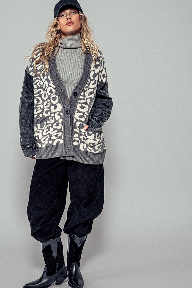 Isabella Leopard Denim Contrast Cardigan