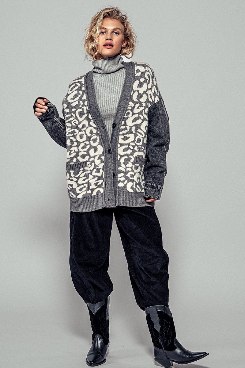 Isabella Leopard Denim Contrast Cardigan