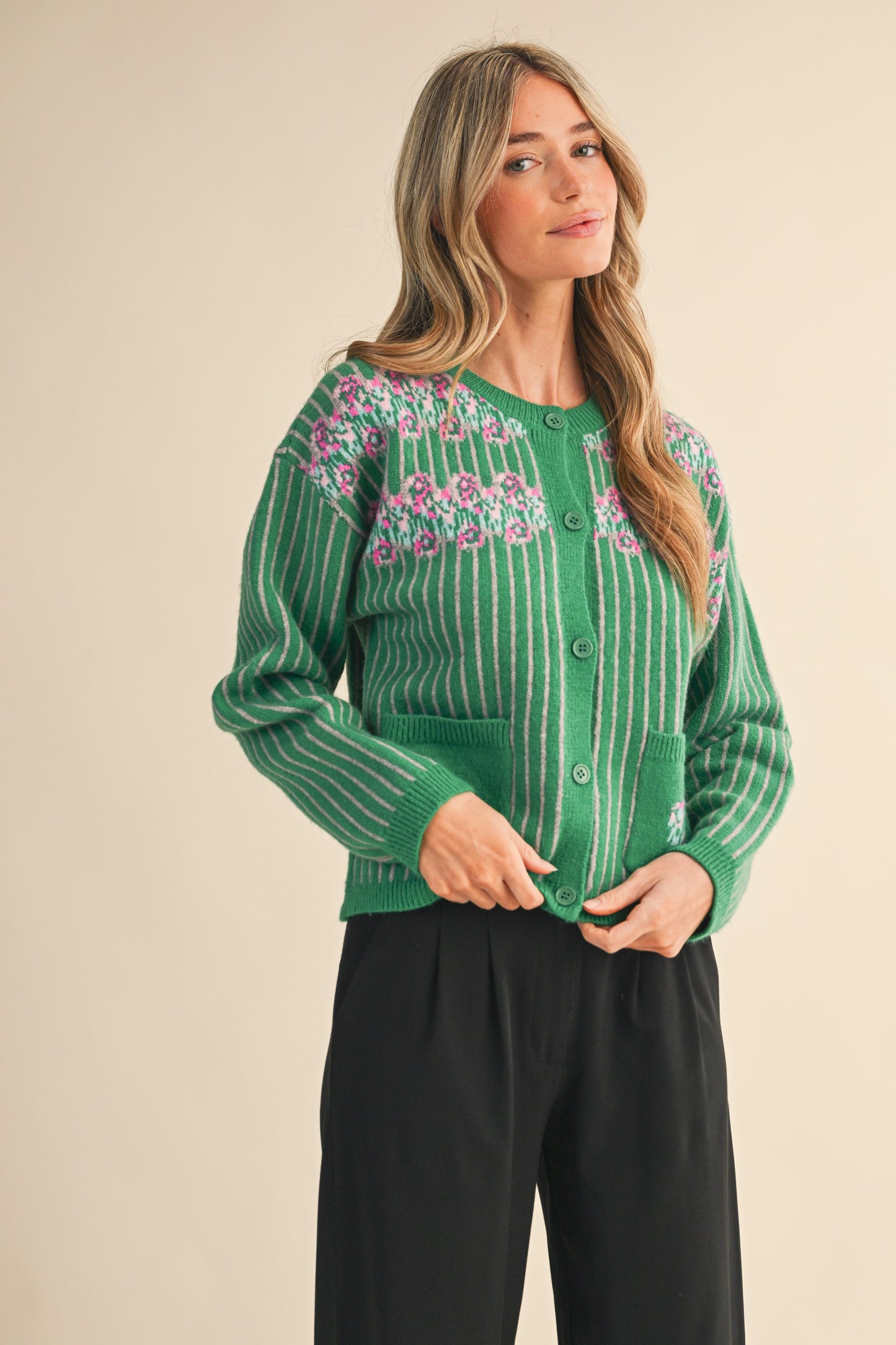 Striped Floral Sweater Cardigan