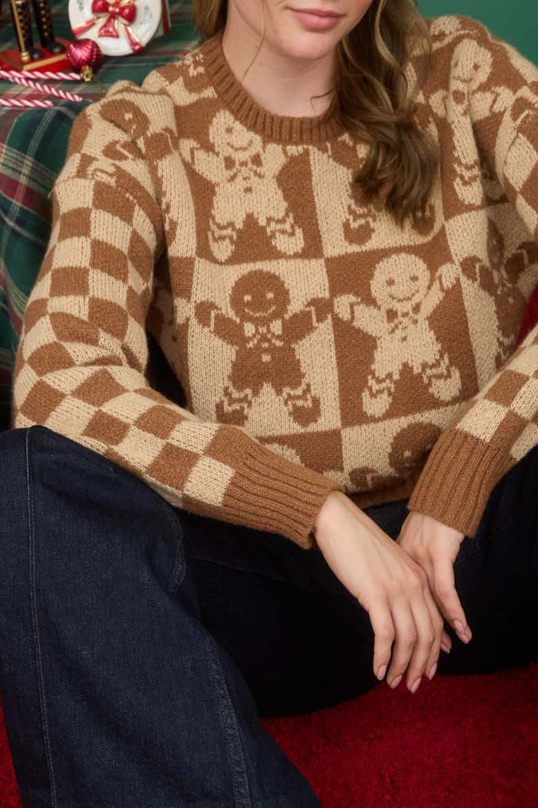 Checkered Gingerbread Jacquard Knit Sweater