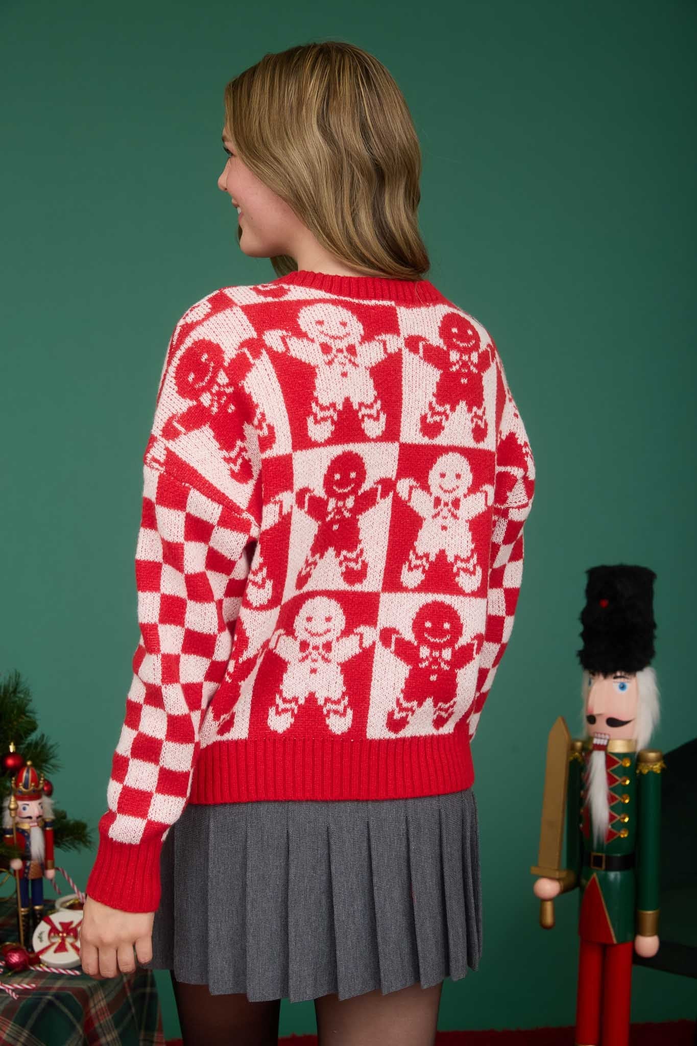Checkered Gingerbread Jacquard Knit Sweater
