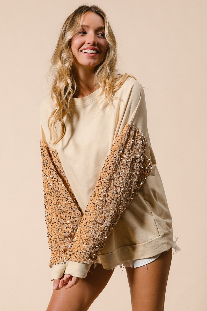 Sequin Sleeves French Terry Top