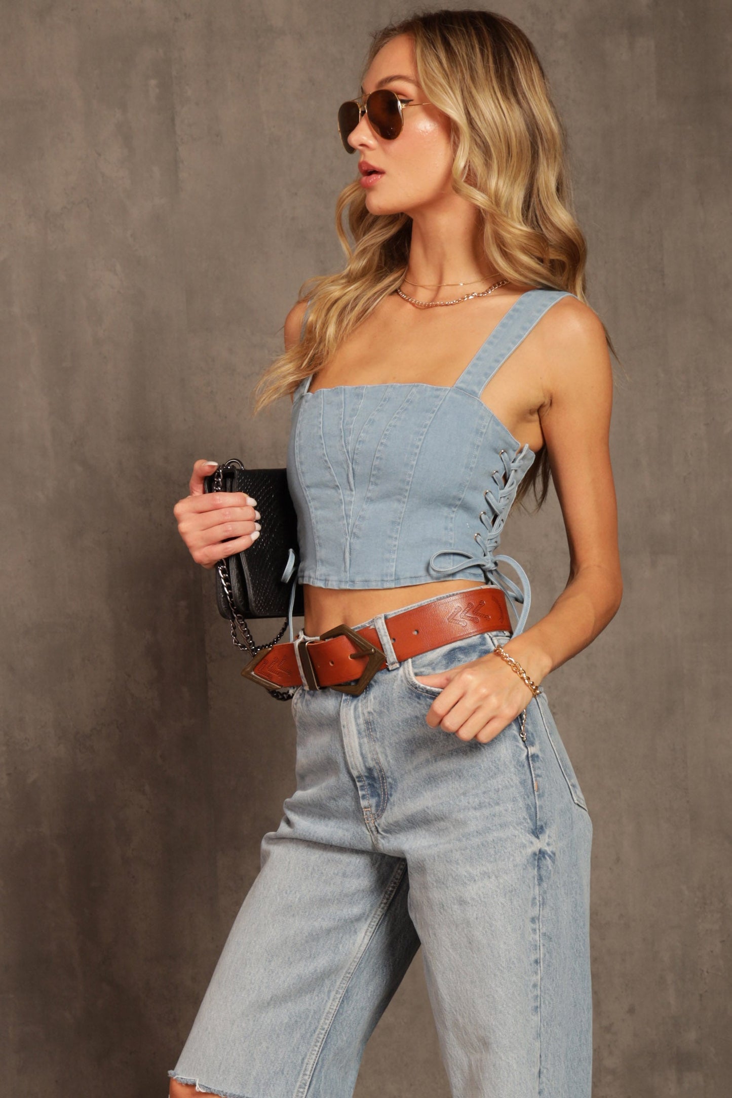 Carmena Lace Up Denim Bustier Top