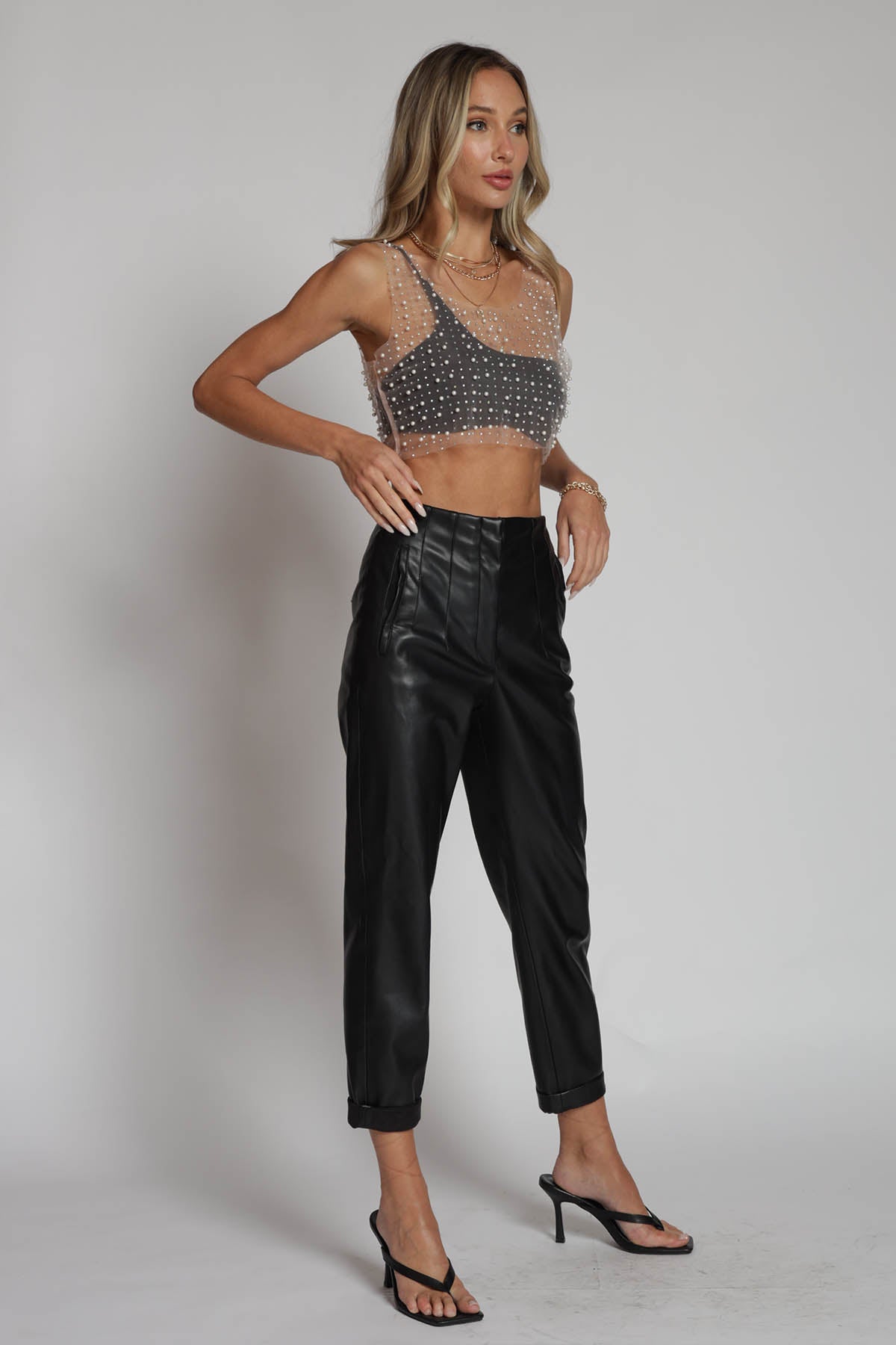 Raquelle Pearl Embellished Mesh Crop Top