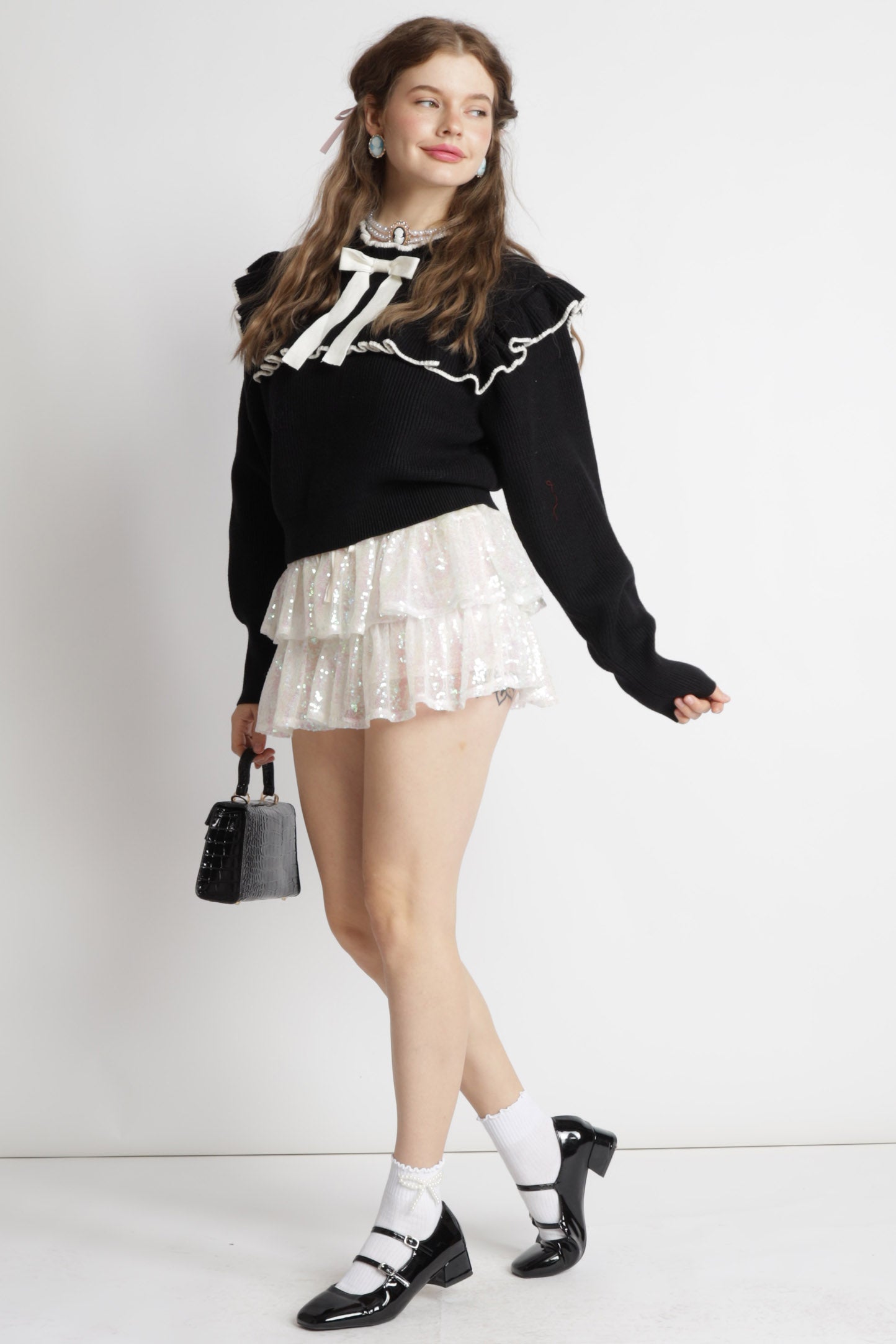 Bow Tie Ruffle Details Knit Sweater Top