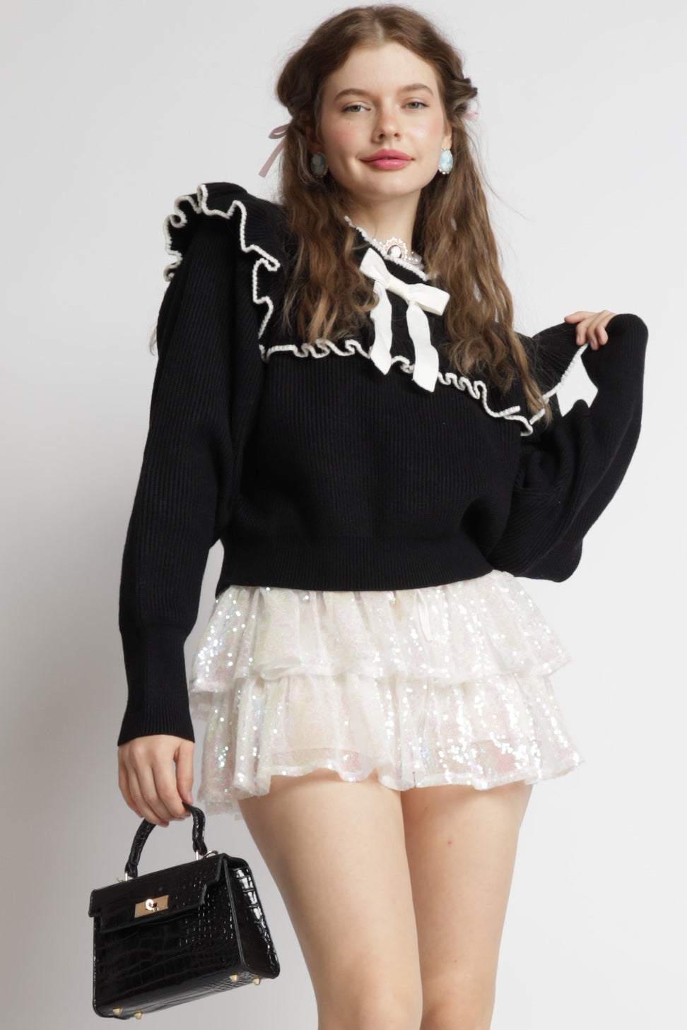 Bow Tie Ruffle Details Knit Sweater Top