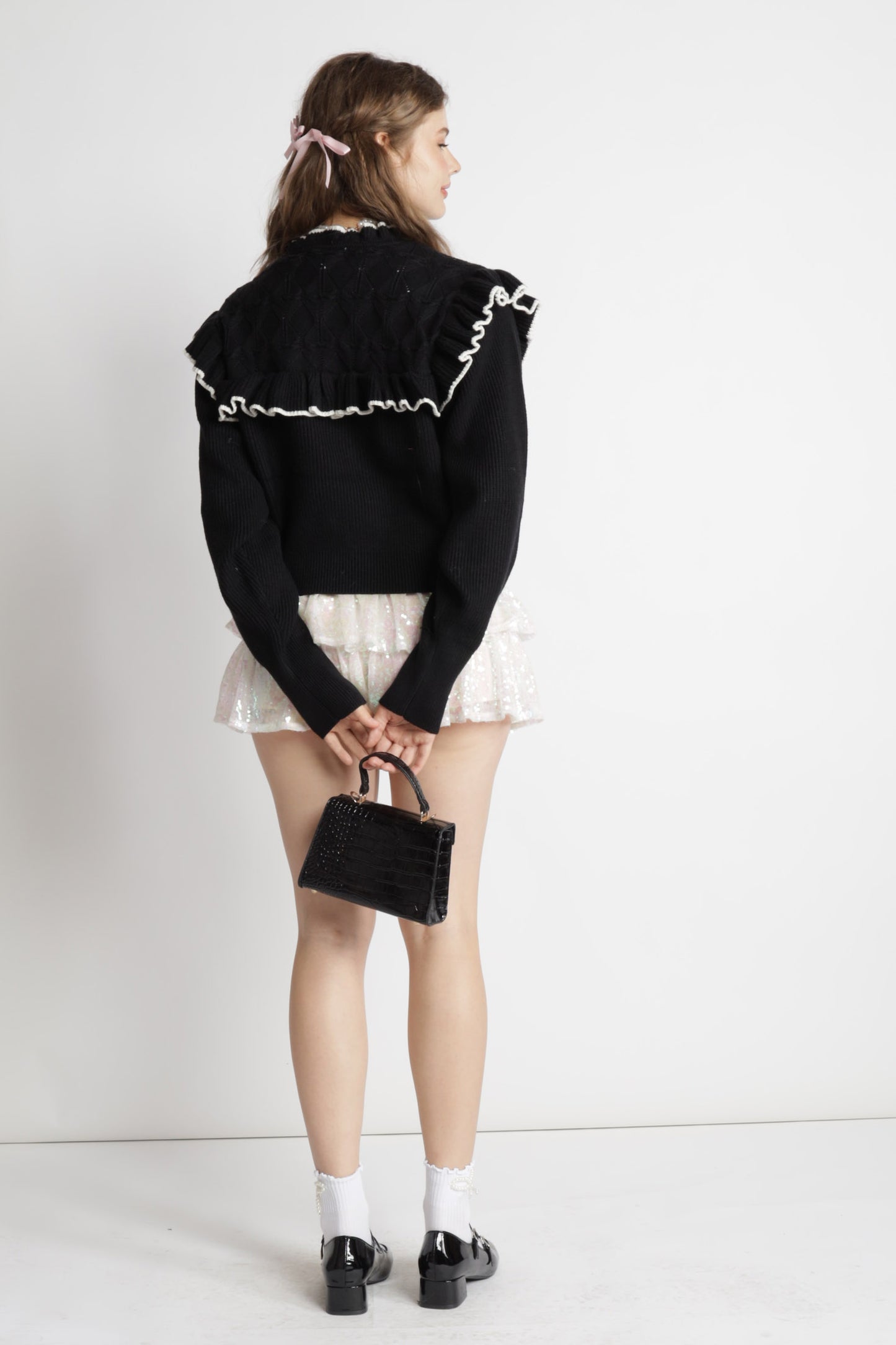 Bow Tie Ruffle Details Knit Sweater Top