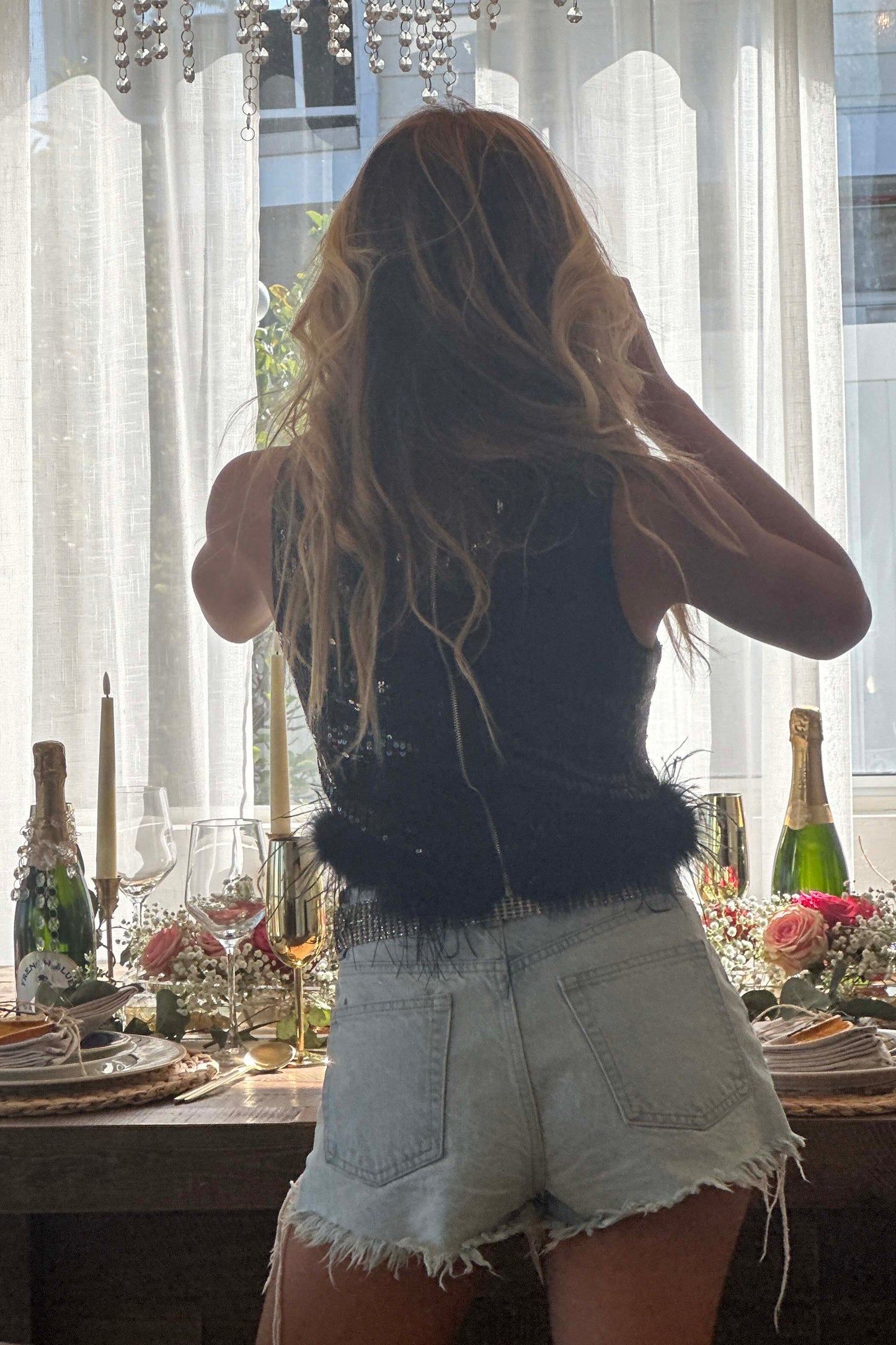 Yasmin Sequin Crop Top with Feather Trim