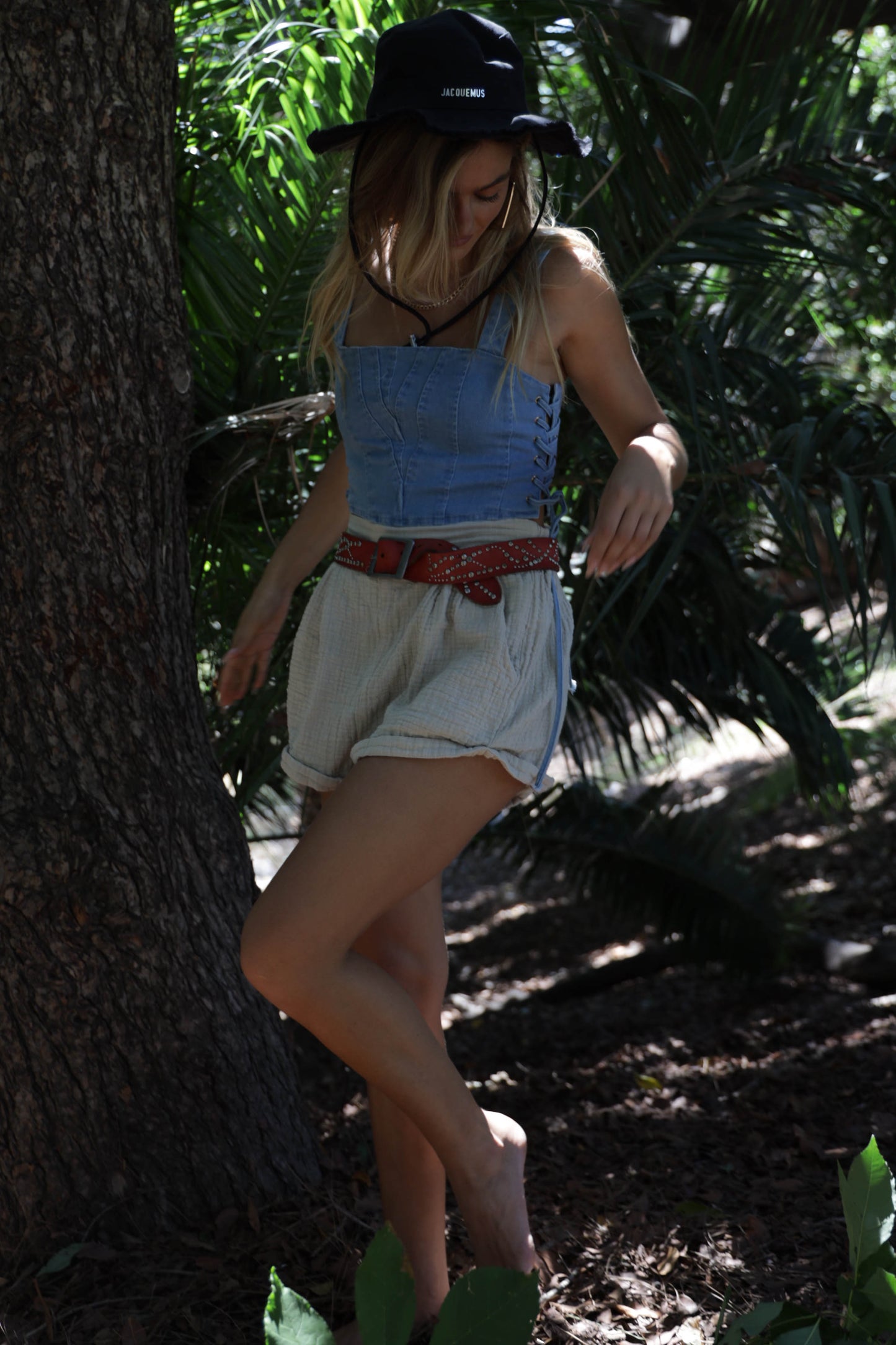 Carmena Lace Up Denim Bustier Top