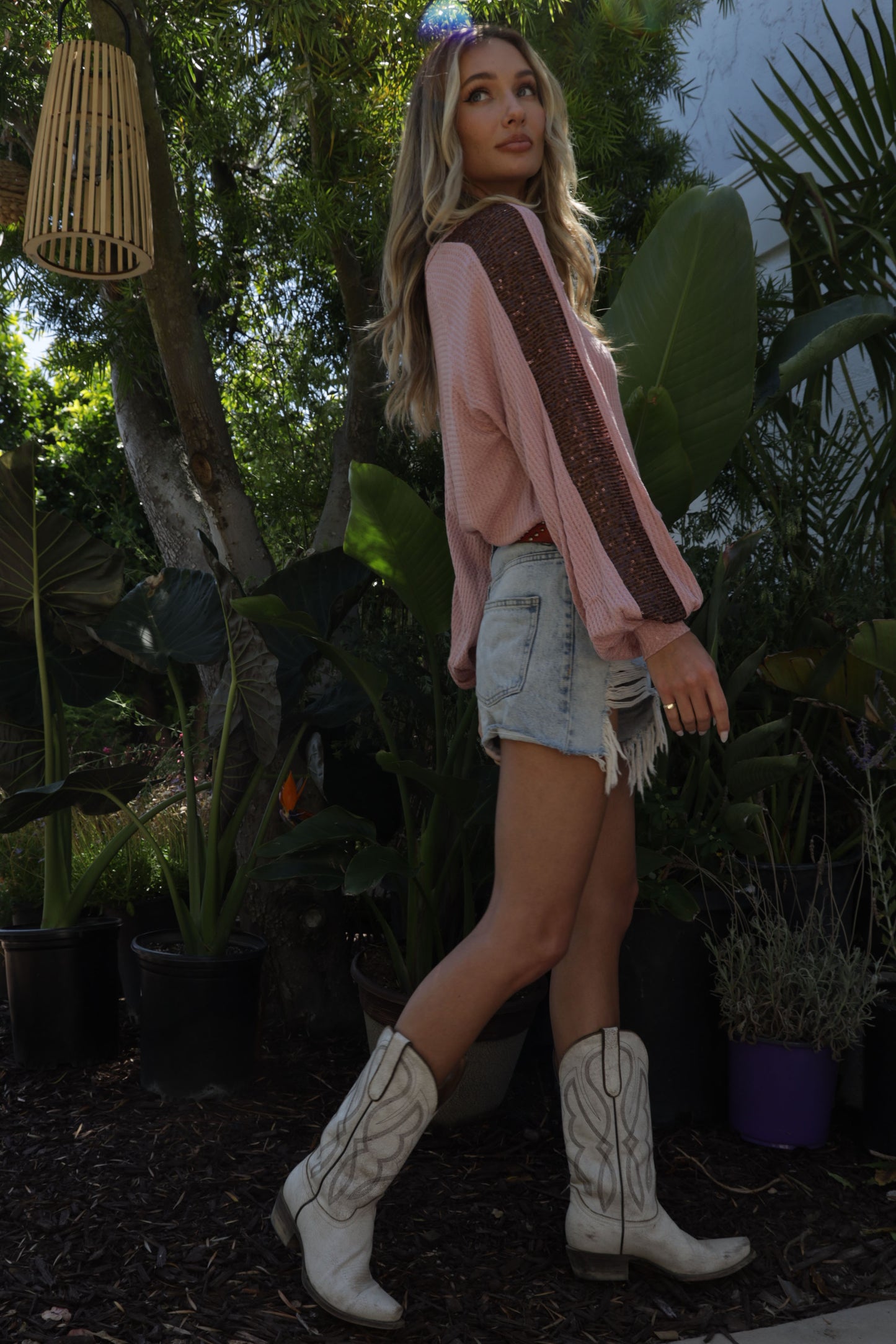 Aubrey Waffle Knit Sequin Long Sleeve Top