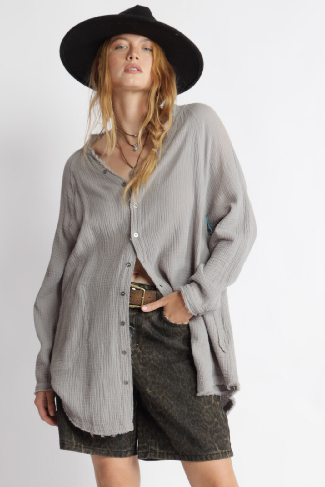 You My Favorite Cotton Pocketed Vintage Washed Tunic Shirts