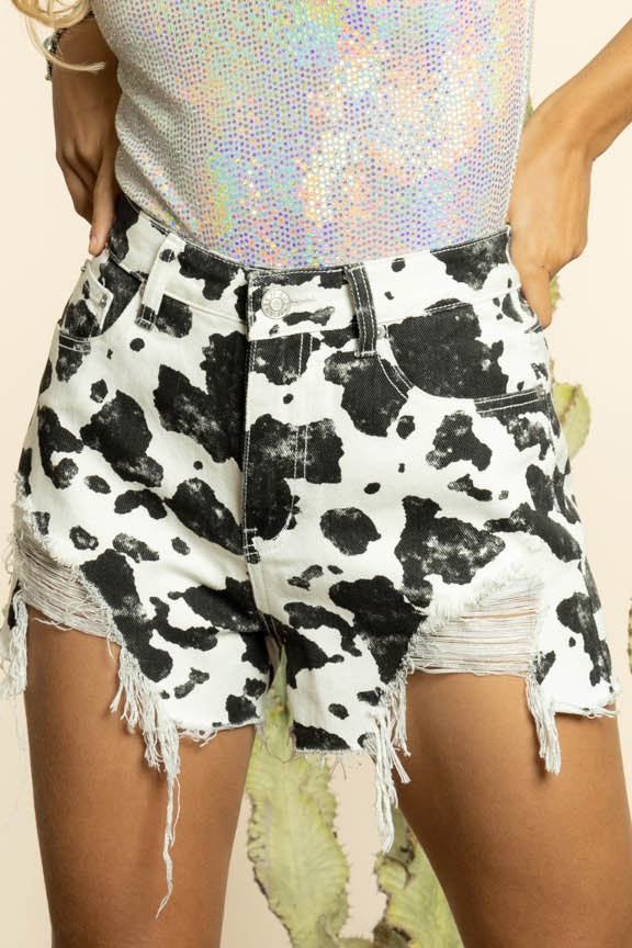 Animal Print Frayed Denim Shorts