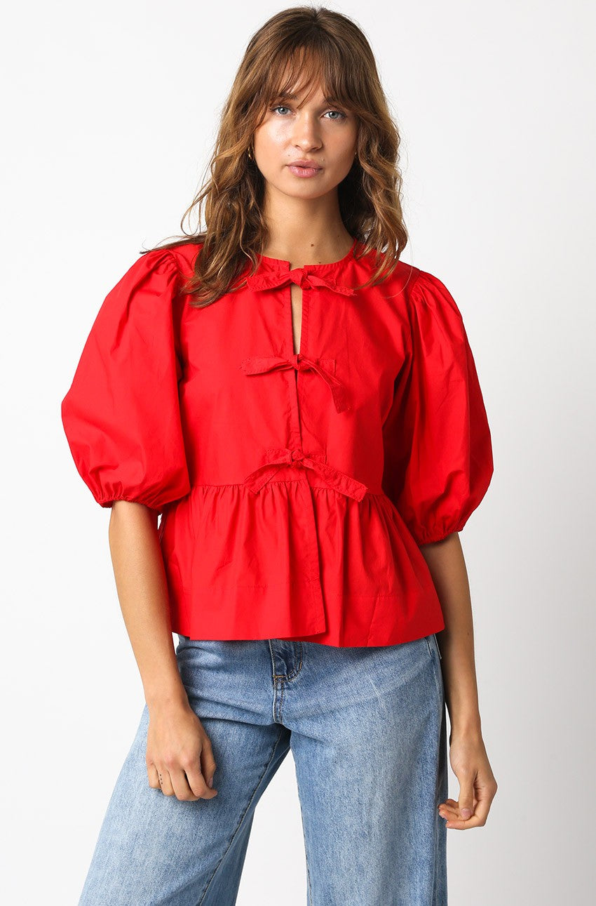 Evelyn Bow detailed Poplin  Puff Sleeves Top