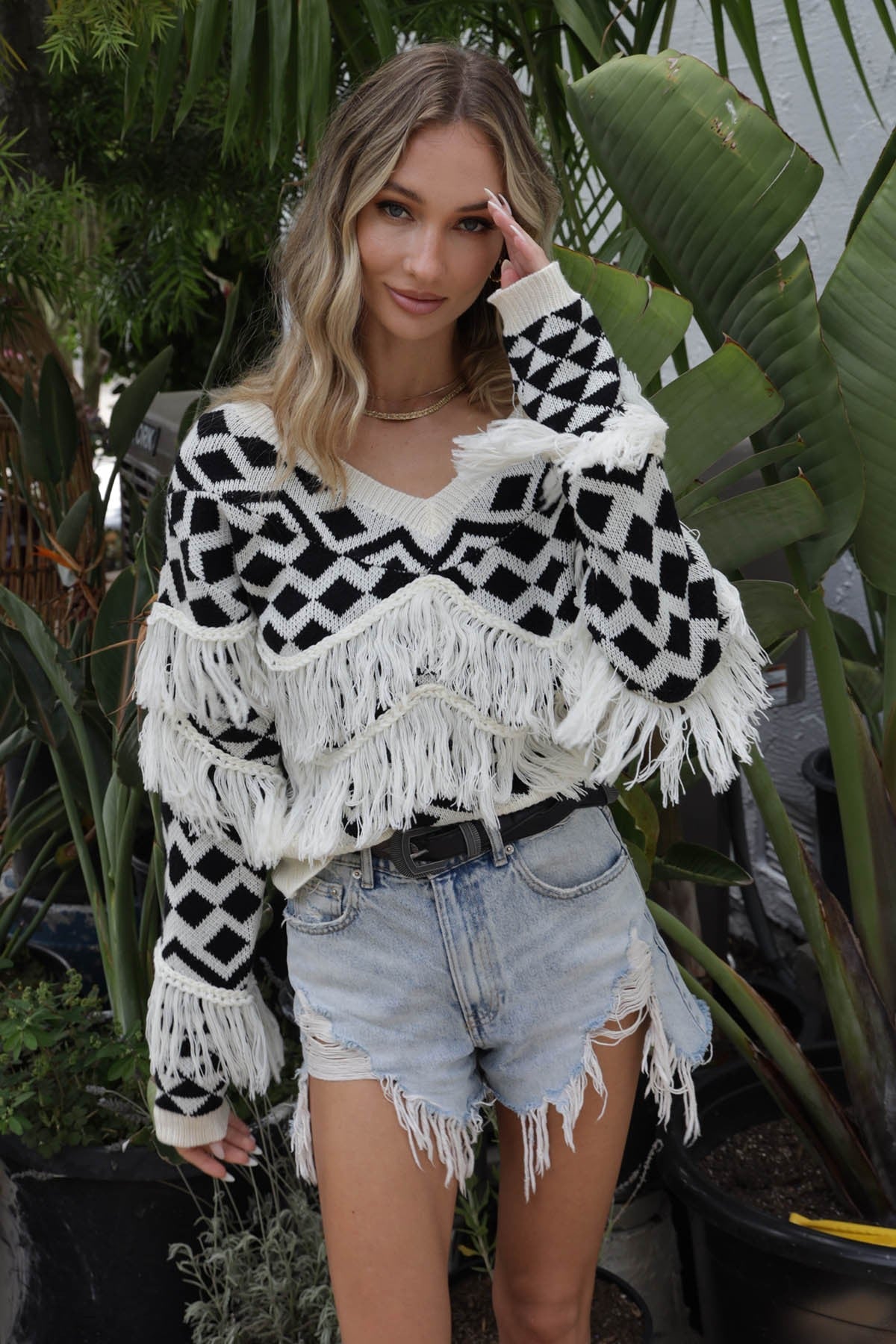 Checker Fringe Sweater