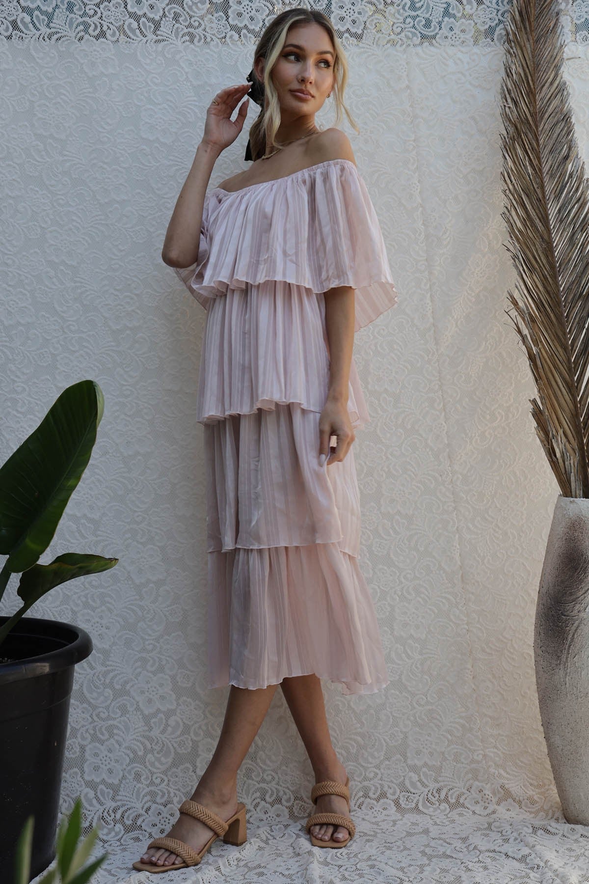 Gabriella Tiered Off Shoulder Midi Dress