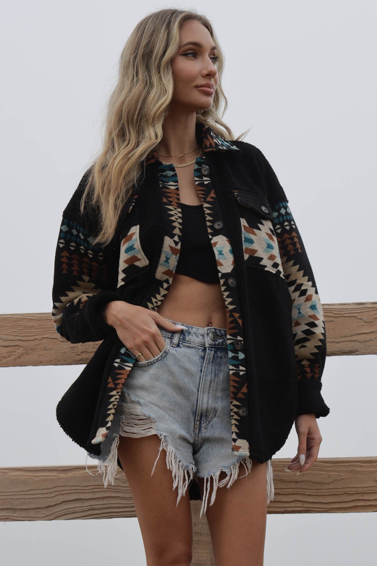 Shannon Sherpa Print Contrast Shacket