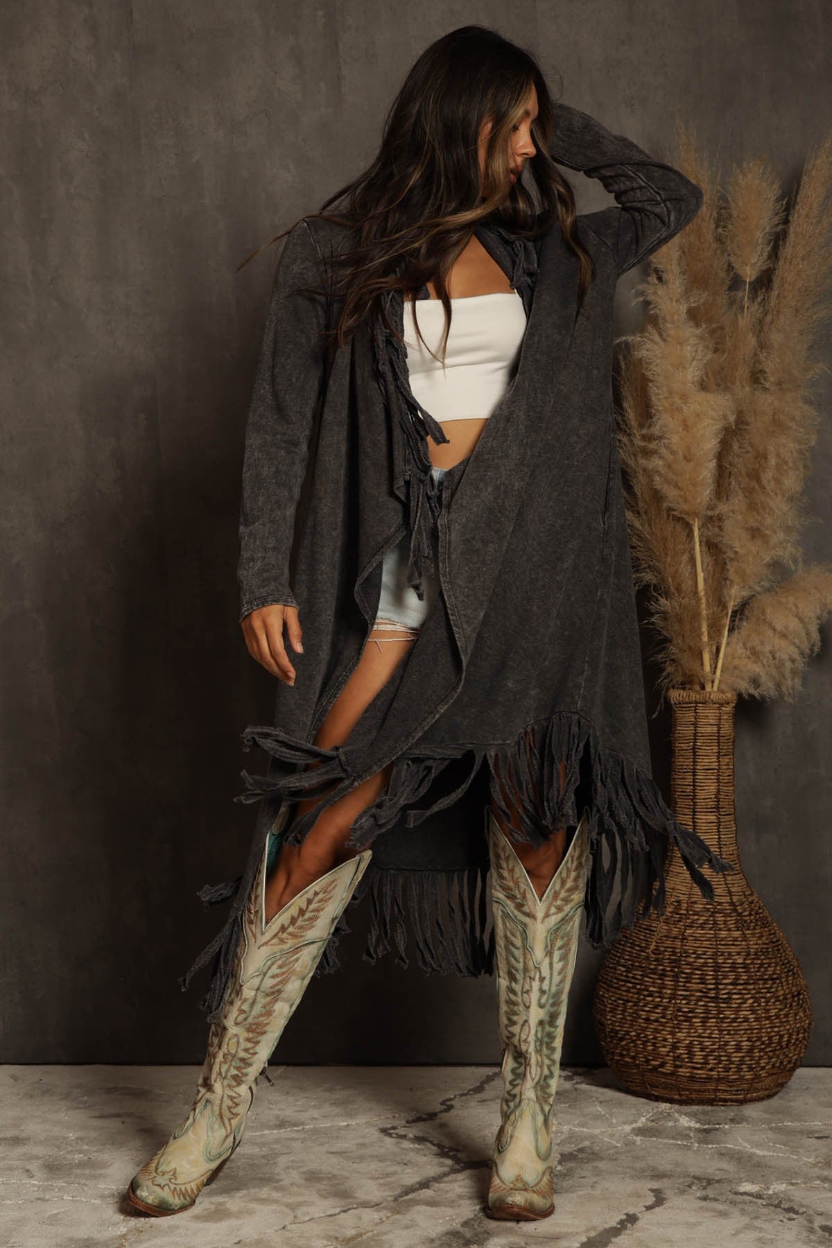 Sofiya Mineral Wash Fringe Cardigan