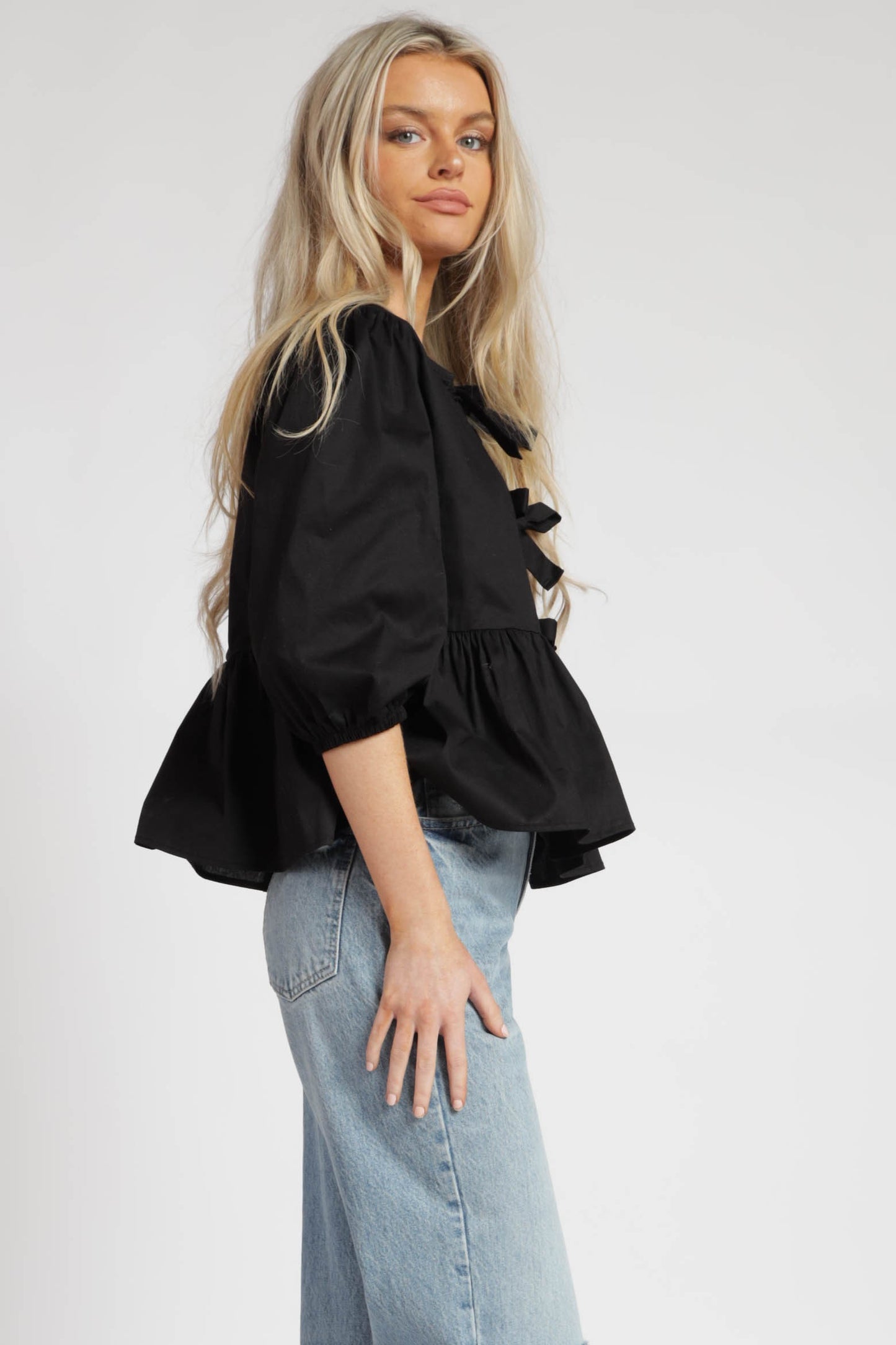 Evelyn Bow detailed Poplin  Puff Sleeves Top