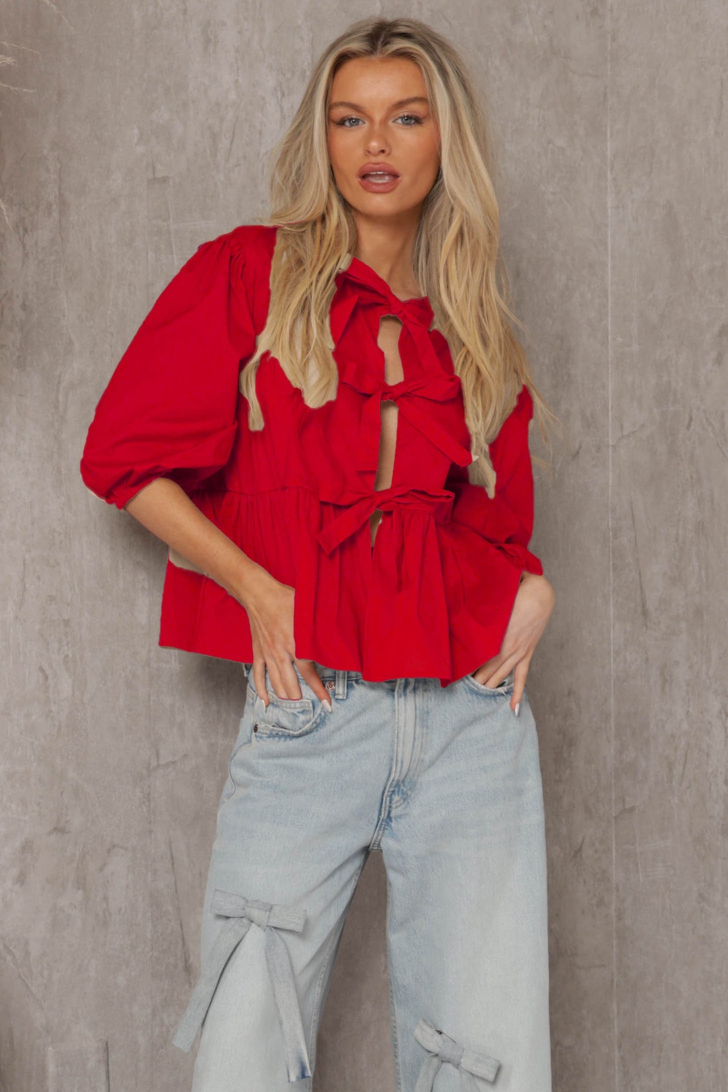 Evelyn Bow detailed Poplin  Puff Sleeves Top