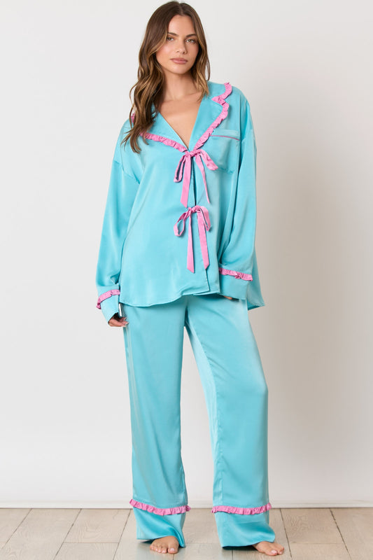 Satin Bow Pajama Style Top and Pants Set