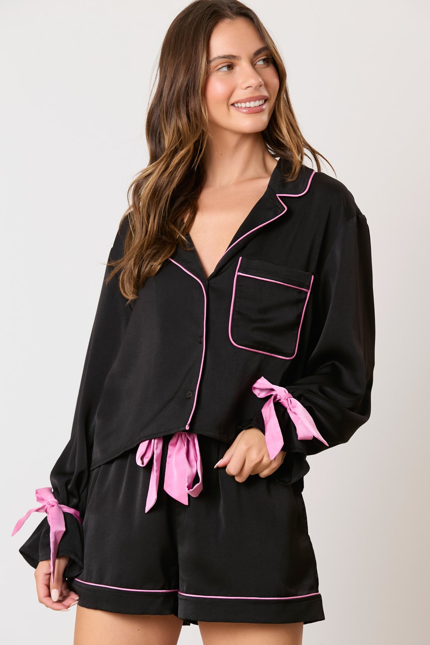 Satin Bow Pajama Style Top