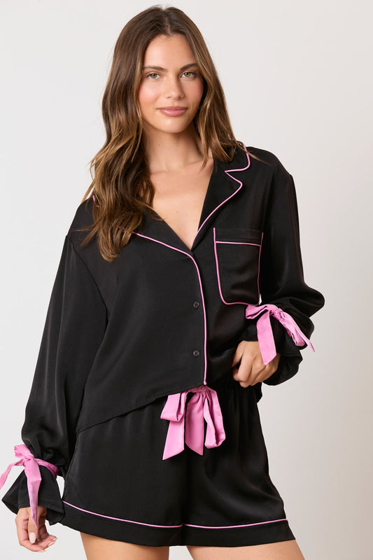 Satin Bow Pajama Style Top