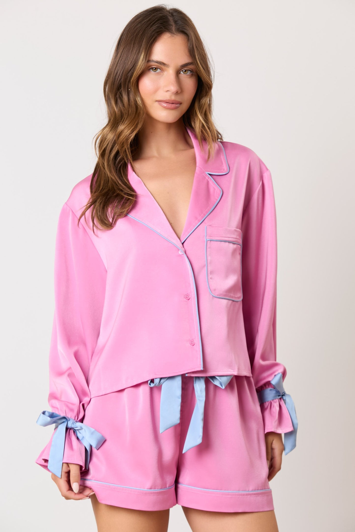 Satin Bow Pajama Style Top