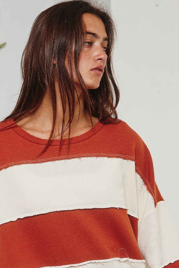 Raw Edge Detail Color-Bock Terry Sweatshirt Top