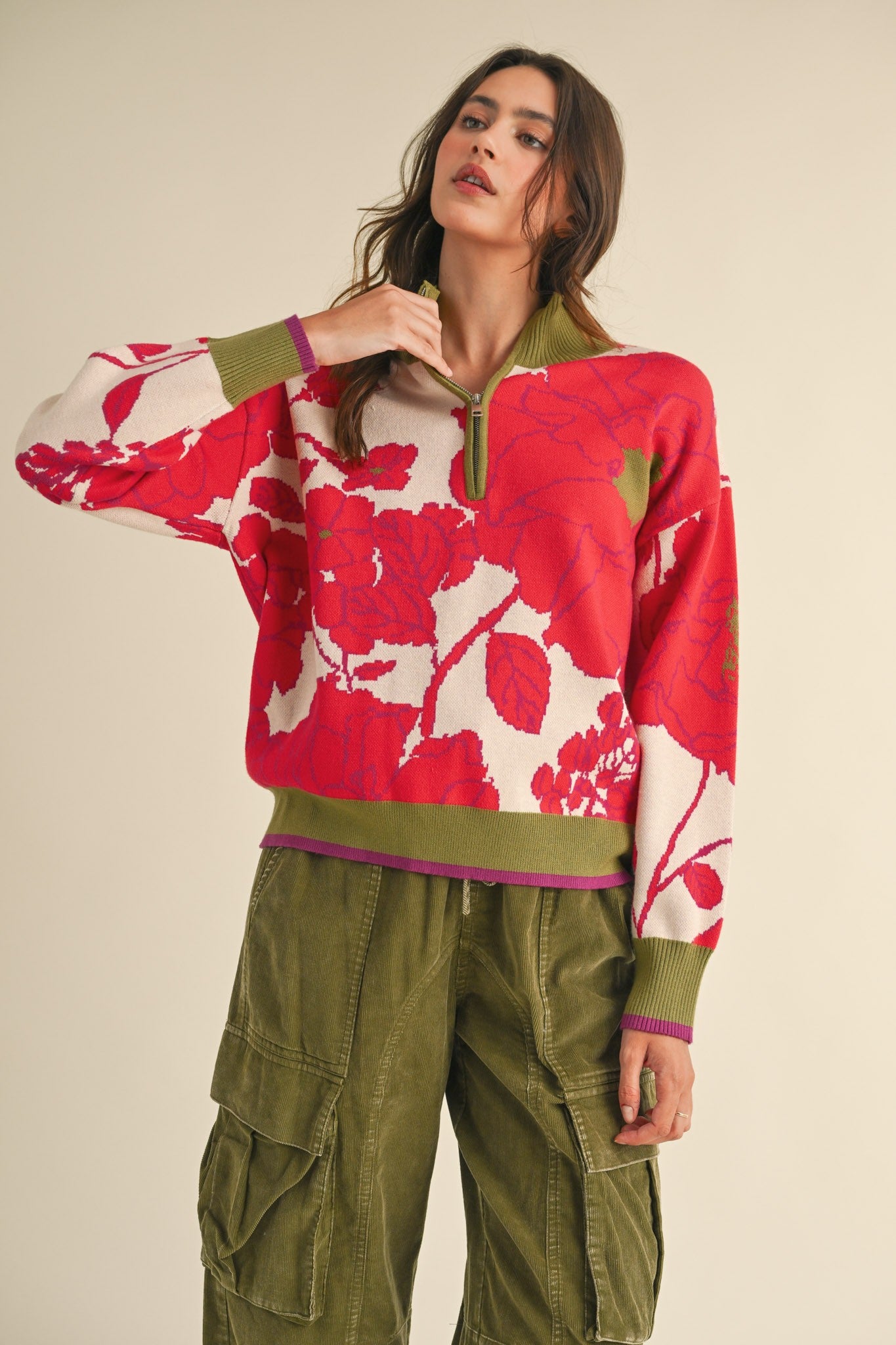 Floral Knit Mock Neck Half Zip Pullover