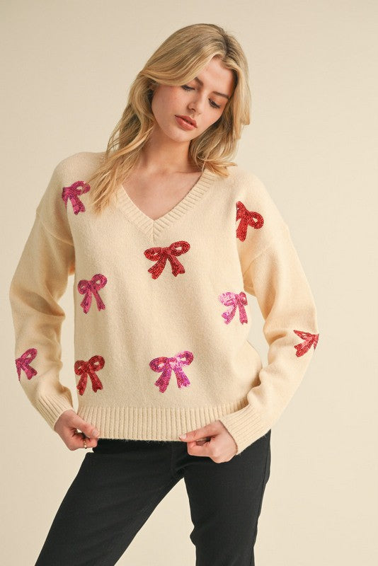 Sequins Bow Patch Knit Top