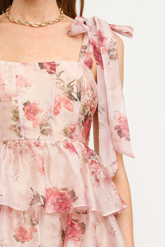 Falling Roses Floral Tiered Ruffle Dress