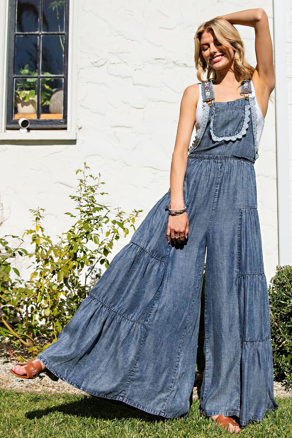 La Vie Lace Trimmed Washed Denim Jumpsuit