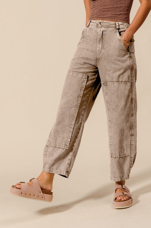 Mineral Washed Mid Rise Barrel Denim Pants