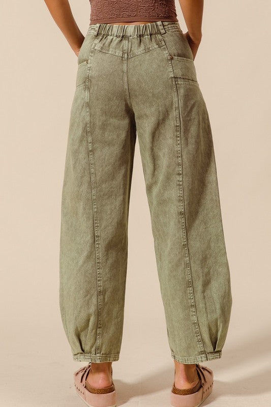 Mineral Washed Mid Rise Barrel Denim Pants